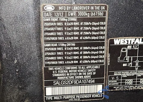 2013 Land Rover Range Rover Hse from USA, damaged, VIN SALGS2DF9DA107494